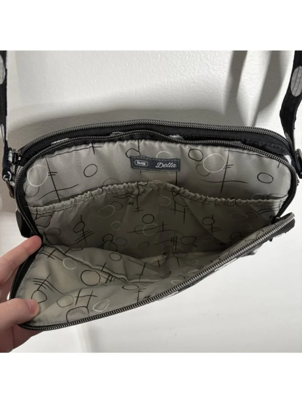 Lug Black White Polka Dot Adjustable Strap Travel Delta Crossbody Bag
